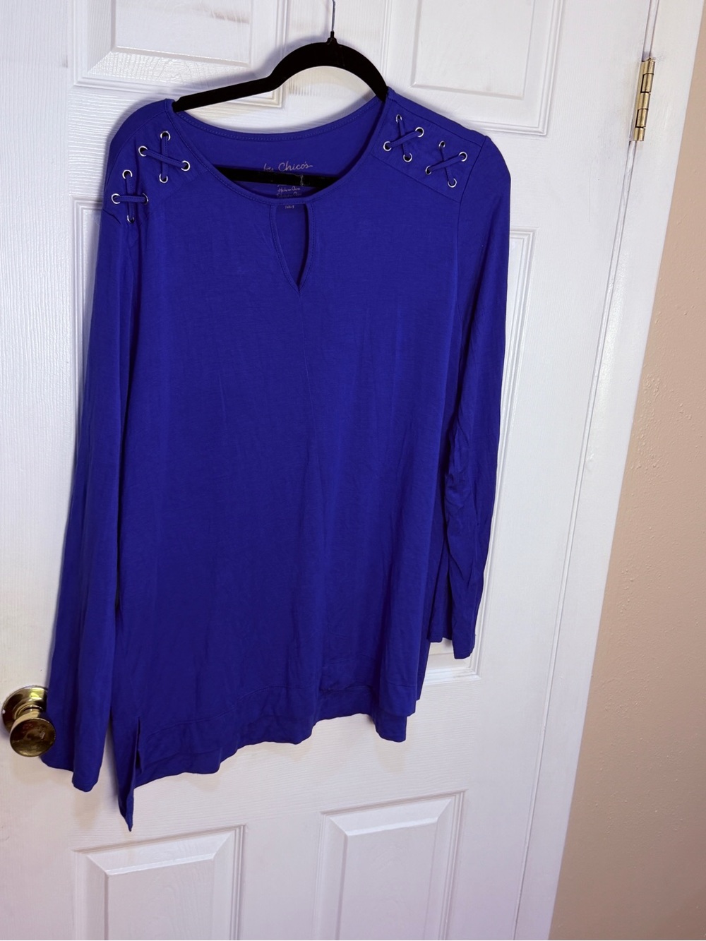 Chico's Long Sleeve Lace-Up Shoulder Top in Royal Blue